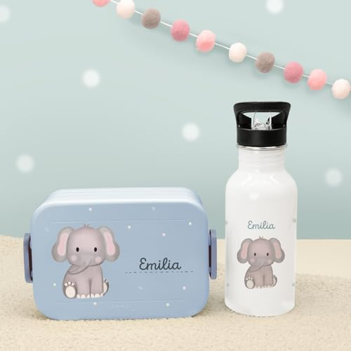 hellomini Personalisierte Mepal-Lunchbox & Edelstahl-Trinkflasche 500ml Set mit Wunschname & Tiermotiv – Brotzeitbox & Trinkflasche Kinder Schule Kita Geschenk (Elefant, Blau)