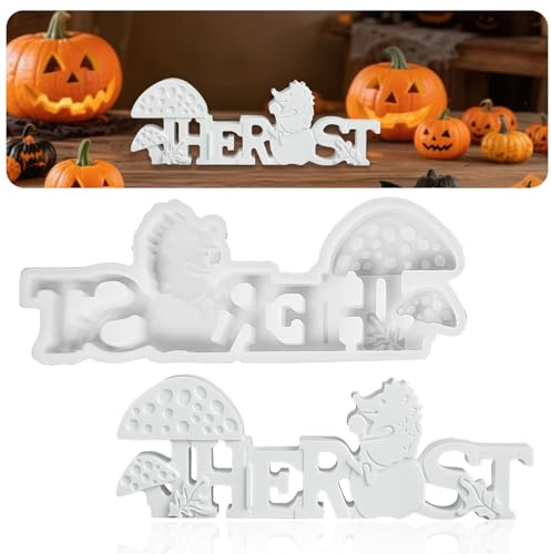 KLINNA Silikonform Herbst Buchstaben 'Herbst' Gießform mit Lgel, Kürbis & Pilze | 3D Silikonformen Gießformen für DIY Deko, Gips, Kerzen & Harz | Wiederverwendbare Gipsform zum Gießen