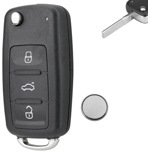 3 Button Flip Key Fob Shell Replacement for VW Polo Key Fob | For Volkswagen key, fits VW Polo, Golf MK6, Caddy, Transporter T4 T5 T6; CR2032 battery for damaged vw polo key fob