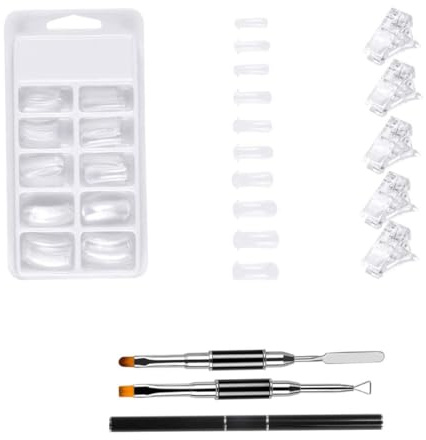 Genérico Juego de Moldes para Uñas Postizas, Kit de Extensión 5 Clips, 100 Puntas de Cristal y Pincel Doble, Accesorio de Manicura para Decoración y Modelado Profesional