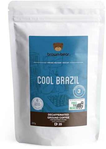 Decaffeinated Brazilian Ground Coffee 227g - For French Press Cafetiere Filter Drip V60 Aeropress - Swiss Water Decaf Process - Brown Bear Cool Brazil - Strength 3 Medium Roast