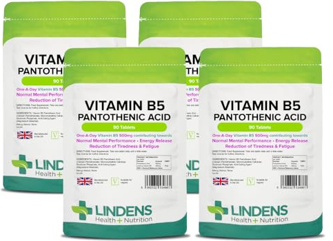 Lindens - Vitamin B5 Pantothenic Acid 500mg, 360 Tablets - 7666% NRV Dose, Contributes to Mental Performance, Metabolism & Reduction of Tiredness - UK Made, (90 Pack x 4)