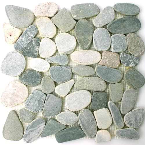 Flusskiesel Natursteinmosaik Geschnitten Kos Grau Beige Weiß Fliesenbordüre Bad