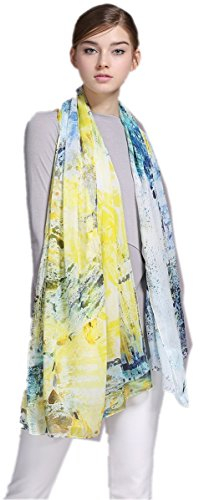 Prettystern XXL Seidentuch 180/110 Cm Leicht Sommerschal aus 100% Seide - Malerischer Sommergarten