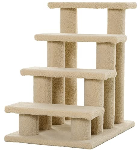 PawHut Tiertreppe Katzentreppe Hundetreppe Treppe für Katze und Hunde 4 Stufen Cremeweiß 63,5x43x60cm