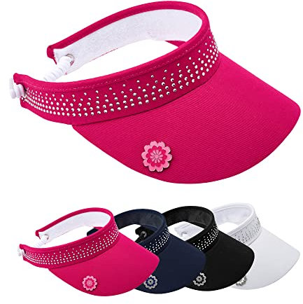 Surprizeshop Womens Golf Embellished Crystal Visor | Telephone Wire | Built in Magnet | Hand Enamelled 25mm Ball Marker | Rigid Peak | Multiple Colours | Golf Visor | Tennis Visor (Hot Pink)