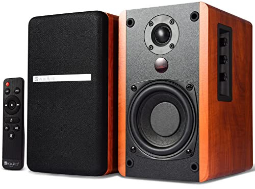 SINGING WOOD BT25 Active Bluetooth 5.0 Bookshelf Speakers with Built-in Amplifier -2 AUX Input - Full Function Remote Control -Wooden Enclosure - 50 Watts RMS (Cherry Wood)