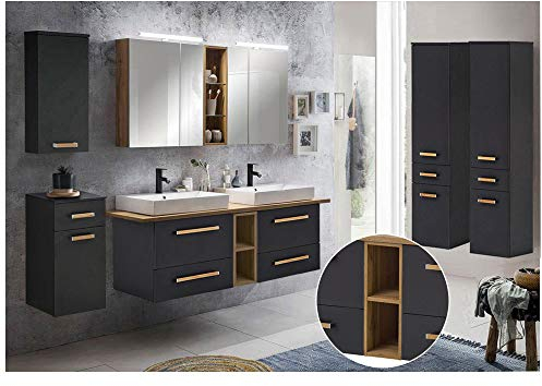 Lomadox Badmöbel Komplett Set in anthrazit mit Eiche Landhaus DABO-04 mit 165cm Doppel-Waschtisch und LED-Spiegelschrank, B/H/T ca. 290/200/50