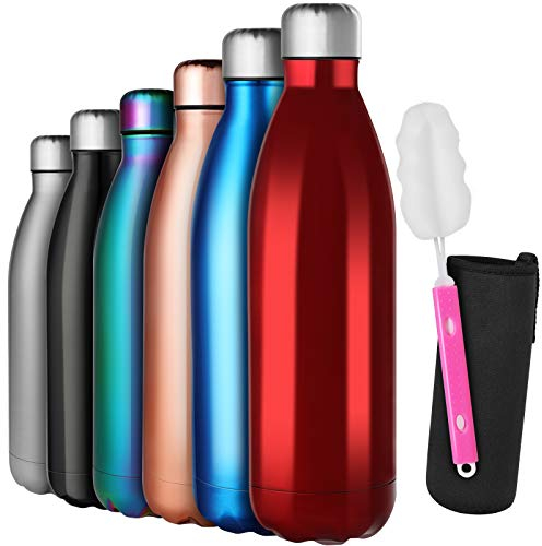 GeeRic Bouteille 1L d'eau en Acier Inoxydable, Bouteille d'eau en Métal à Double Paroi Isolée sous Vide 12 Heures Chaudes et 24 Heures Boissons Froides Bouteilles Rouge