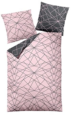 Dormisette Biber Bettwäsche-Set 2tlg grau rosa | 100% Baumwolle | 2 teilige Wende-Bettwäsche 155x220 cm & 2x Kissen 80x80 cm | Geometrisch, Modern, Atmungsaktiv, Reißverschluss, Queen, 1 Stück