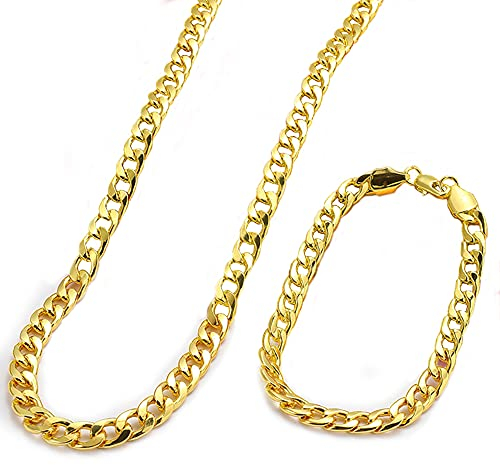 ZoneYan Goldkette Herren, Cuban Link Chain Gold, Kubanische Gliederkette Herren, Herren Panzerkette Gold, Cuban Chain Set, Hip Hop Kette Herren Gold, Halskette Jungs (Halskette + Armband) (Golden)