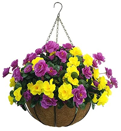 Indoors And Outdoors Decoration Artificial Big Azaleas Yellow And Purple Silk Flowers Plant Cute DIY Chain Hanging Basket With Flower Pot (Big Basket)