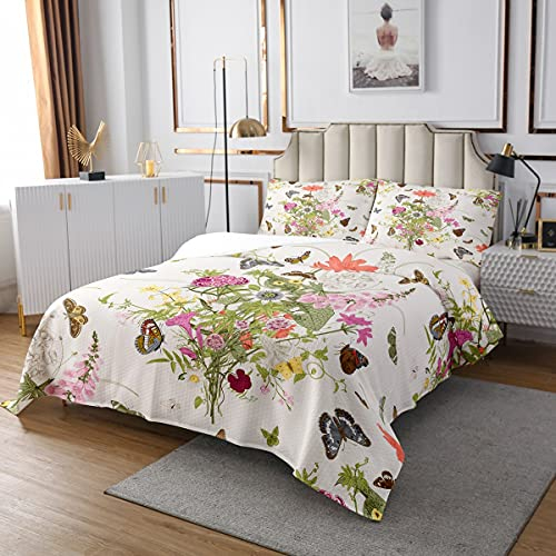 Homewish Blumen-Tagesdecke Bunte Schmetterling Gesteppt 240x260 Für Mädchen Frauen Teens Botanische Blumendekor Bettdecke Set Pastoralen Rustikalen Stil Quilt-Set Mit 2 Kissenbezüge
