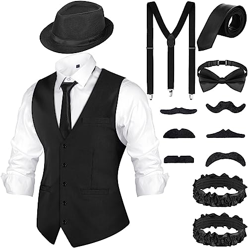 Blulu 1920er Herren Zubehör Gatsby Gangster Kleidung Kostüm Halloween Cosplay Outfit mit Weste Fedora Hut Taschenuhr Hosenträger Fliege für Mann Halloween Cosplay (M, Schwarz)