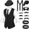 Blulu 1920er Herren Zubehör Gatsby Gangster Kleidung Kostüm Halloween Cosplay Outfit mit Weste Fedora Hut Taschenuhr Hosenträger Fliege für Mann Halloween Cosplay (M, Schwarz)