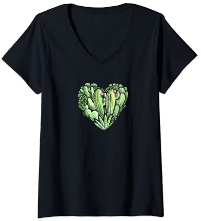 Damen Niedlicher Kaktus, Liebesherz-Oberteil für Frauen, Sukkulenten, Fukulenten T-Shirt mit V-Ausschnitt