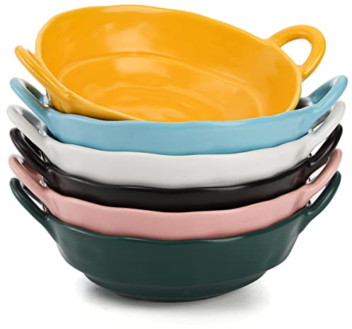 SOUJOY Set of 6 Ceramic Soup Bowl, 20oz Individual Salad Bowls with Handles, Irregular Shape Colorful Cereal Bowl for Soup, Pasta, Ice Cream, Fruits, Dessert, Appetizer, Rice, Matte Glazed