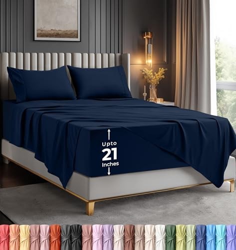 Utopia Bedding King Sheet Set, Soft Microfiber 4 Piece Hotel Luxury Bed Sheets for Women, Men, Kids & Teens with Side Storage Deep Pocket Fitted Sheet - Embroidered Pillow Cases - Flat Sheet (Navy)