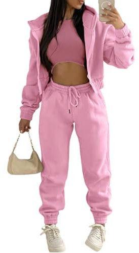 Onsoyours 3 Stücke Damen Sportanzüge Jogginganzug Sport Sets Yoga Outfit Freizeitanzug Sportswear Langarm Kapuzenjacke + Crop Top + Jogginghose mit Taschen Rosa XXL