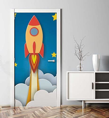 MyMaxxi - Tür bekleben mit Türtapete Türposter Türfolie Selbstklebend 90x200 Fliegende Rakete am Himmel - Tür verschönern Türaufkleber Türklebefolie Weltall Sterne Himmel