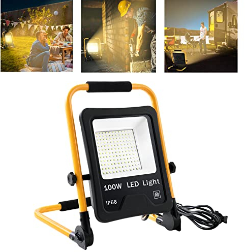 LZQ LED Baustrahler 100W Warmweiß Scheinwerfer inkl. Standgestell und Netzkabel, Arbeitsleuchte IP66 Wasserdicht Arbeitsscheinwerfer mit Stecker, Bauscheinwerfer für Werkstatt Baustelle Garage