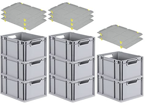 PROREGAL SuperSparSet 8x Eurobox NextGen Grip mit Auflagedeckel & 4 gelben Schiebeschnappverschlüssen, HxBxT 22x30x40cm, 20 L, Grau, Griffe offen, Eurobehälter, Transportbox