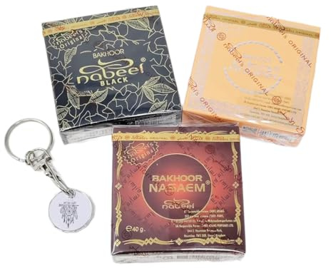 Nabeel Bakhoor 3 Pack Set – Nasaem, Black Oudh & Oudh Nabeel – Long Lasting Arabic Incense 40g Each – Aromatic Home Fragrance Charcoal Burner Compatible with JRose Trolley Coin Keychain
