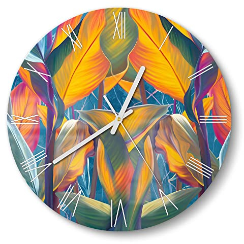 DEQORI Glasuhr | rund Ø 30 cm | Motiv Exotisches Blättermeer | ausgefallene leise Design Uhr aus Glas | Wanduhr für Wohnzimmer & Küche | Moderne Hingucker Uhr für die Wand