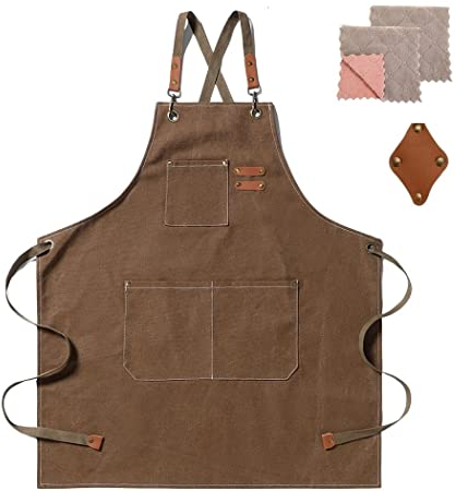 crazy bean Grembiule Cucina Uomo e Donna Tela Grembiule Barbecue con Tasche Croce Posteriore Grembiule Lavoro per Bar Barbecue Cachi