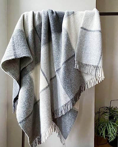 JOWOLLINA WOOLONLY 100% Lammwolle Wolldecke Plaid Karo Schottenmuster Tartan (Solid Grey, 150x205 cm)