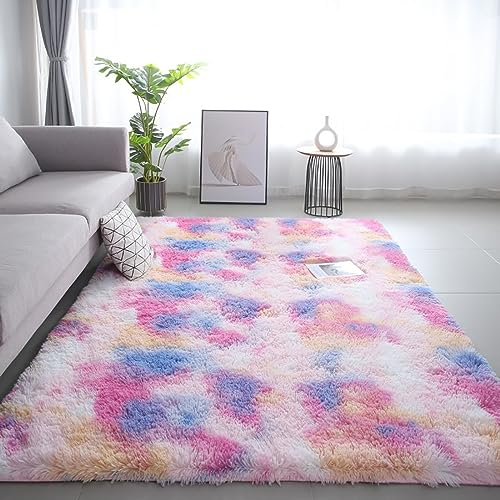 Menkala Hochflor Teppich Bunt Rosa Blau 200x300 cm Groß Modern Weich Flauschig Shaggy Teppiche Waschbarer rutschfest Langflor Fellteppich Kunstfell für Wohnzimmer Schlafzimmer Kinderzimmer Balkon