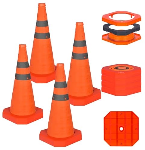 Cônes de sécurité avec Base lestée de 45cm signalisation Pliables - Cônes d'avertissement d'urgence - pour stationnement de Route et Construction (4, 45cm)