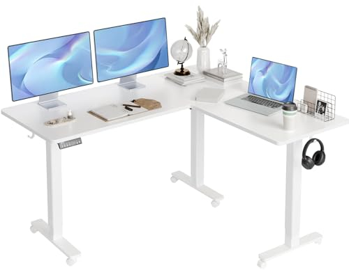 Claiks Eckschreibtisch Höhenverstellbar 160x140cm mit Dual-Motor, L Form Höhenverstellbarer Schreibtisch auf Rollen, L-förmiger Schreibtisch Weiß