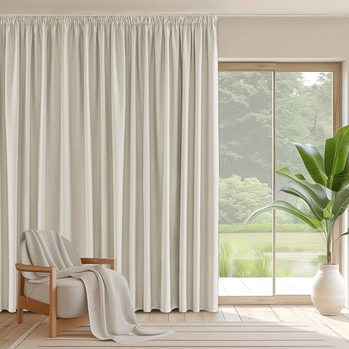 PONY DANCE Extra Breite Gardinen Wohnzimmer mit Kräuselband 1er Set H 220 x B 300 cm Beige Blickdichte Vorhänge für Schienen Vorhang Thermo Hitzeschutz Verdunklungsgardine Hellbeige