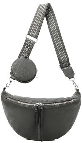 ITALYSHOP24 Damen Tasche Crossbody Schultertasche Gürteltasche Messenger-Tasche Hüfttasche Bauchtasche Umhängetasche Cross-Over Bodybag Handytasche Leder Optik Grau L