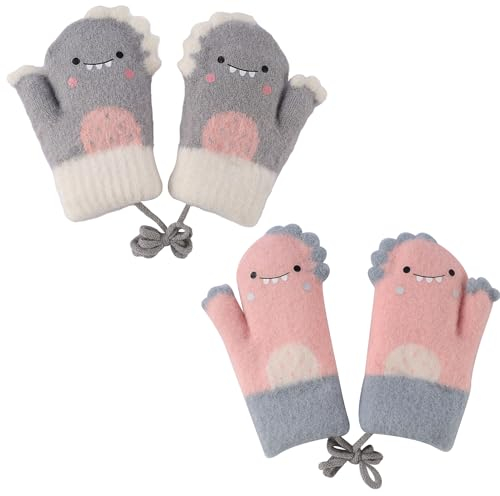 2 Paare Baby Winter Handschuhe, Fäustlinge für Baby Cartoon Fausthandschuhe Kleinkind Halshandschuhe, Warme Strickhandschuhe für Baby Mädchen Jungen 0-4 Jahre