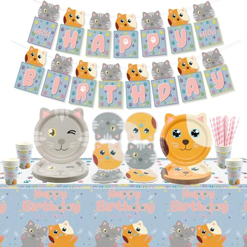 Decoraciones de fiesta con tema de gato, incluye banderín de cumpleaños, platos, mantel de cumpleaños, servilletas, vasos para decoraciones de fiestas de cumpleaños infantiles, para 20 invitados