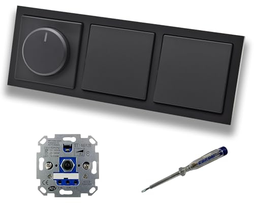 REV Ritter LED Drehdimmer Dimmer + Busch Jäger Dimmerscheibe 6540-885-102 + 2 x Lichttaster 2020 US in Future Linear schwarz matt inklusive EBROM Phasenprüfer zur Montage der Geräte ET1 66012B