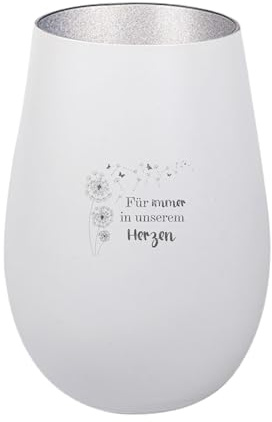 Der-Porzellan-Laden Windlicht mit Gravur Für Immer in unserem Herzen | Weiß Silber, Teelichthalter aus Glas mit Spruch, Tischdeko modern