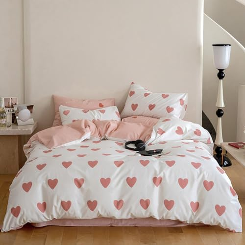 Nayoroom Parure de lit avec housse de couette de 135 x 200 cm et taie d'oreiller de 40 x 80 cm en microfibre super douce avec fermeture éclair Motif cœurs Rose et blanc