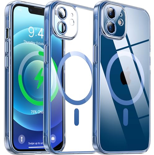 Flyzoo Clear Magnetic Case for iPhone 12 (6.1'') with Camera Protector, [Compatible with MagSafe] [Non-Yellowing] [Shockproof & Antiscratch Protection] Hard Transparent Cover with Silicone Edge, Blue