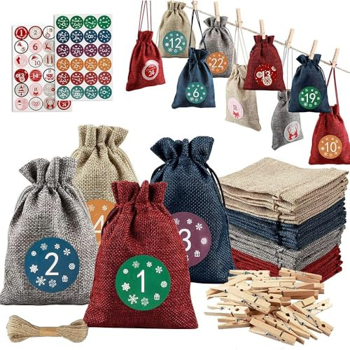 24-teiliges Set aus Adventskalender-Taschen mit 1-24 Zahlen - 13 x 18 cm große DIY-Weihnachts-Countdown-Jutesäckchen mit Kordelzügen, Clips und Schnur für Geschenke, Leckereien und Partydekorationen
