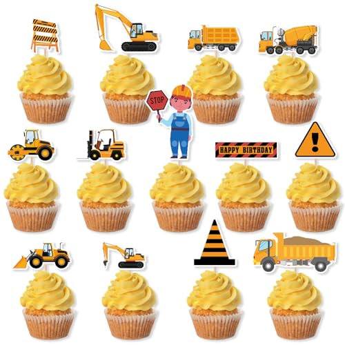 Décorations de cupcakes de construction, chargeur, bulldozer, pelleteuse, rouleau, chariot élévateur, béton, tranchée, machine de tranchée, décorations de cupcakes pour fête d'anniversaire