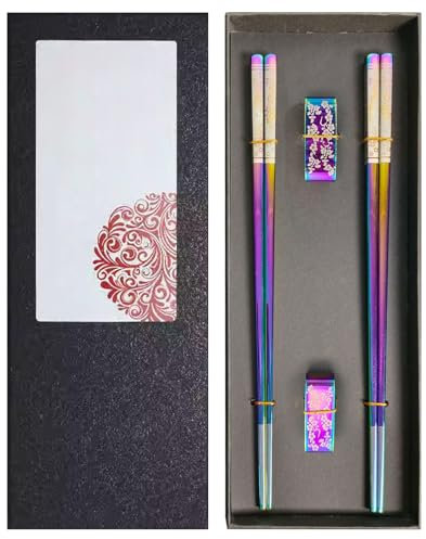Palillos Japoneses,Guador 2 Pares Palillos Chinos Reutilizables Chopsticks Aceros Inoxidables Palillos Para Chopsticks Con Soporte Set Aptos Para Lavavajillas Palillos Japoneses Chinos (Arcoíris)