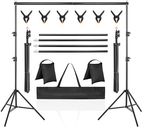 AKOZLIN Photo Background Stand, 2 x 3 m Adjustable Photo Background Tripod, Photo Background, Set of 2 Sandbags, 6 Spring Clips and 1 Carry Bag