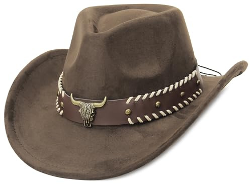EOZY Suede Cowboy Hats for Men and Women Cowgirl Hat Roll Brim Adjustable Western Cowboy Hat with Leather Belt Coffee-Leopard
