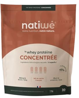 NATIWÉ - Whey Protéine Concentrée - Goût Nature - Prise De Masse - Meilleure Densité Osseuse, Récupération & Performance - BCAA - Lait De Vache Français - 23g De Protéines Par Dose - Sachet De 1kg
