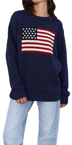 FeMereina Women American Flag Sweater Long Sleeve Crewneck Knitted Jumper Top Patriotic Loose Pullover Fall Winter Clothes