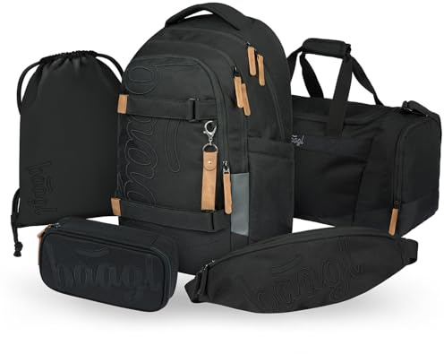 Baagl Schulrucksack Set Jungen Mädchen Teenager 5 Teilig, (Skateboard Rucksack Skate MAX, Mäppchen, Turnbeutel, Sporttasche, Bauchtasche), Ergonomischer Schulranzen, 30 l (Darkness)