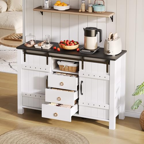 Kebnor Buffetschrank mit Stauraum, 120 cm breiter Seitenschrank mit Schiebetüren und 3 Schubladen, rustikaler Holz-Kaffeebar-Buffettisch, geeignet für Küche, Esszimmer und Wohnzimmer, weiß